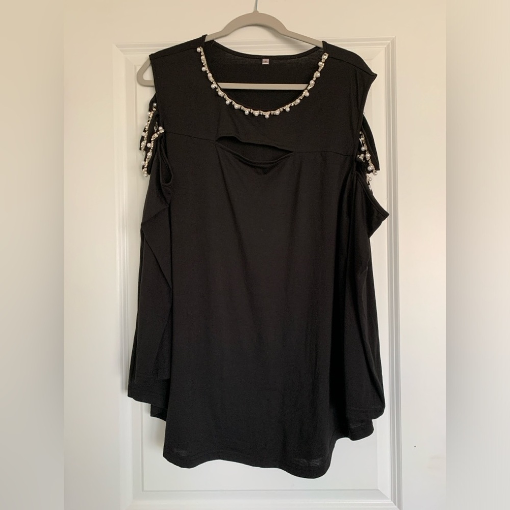 Black Beaded Top with Cold Shoulder Arms and Chest Window
